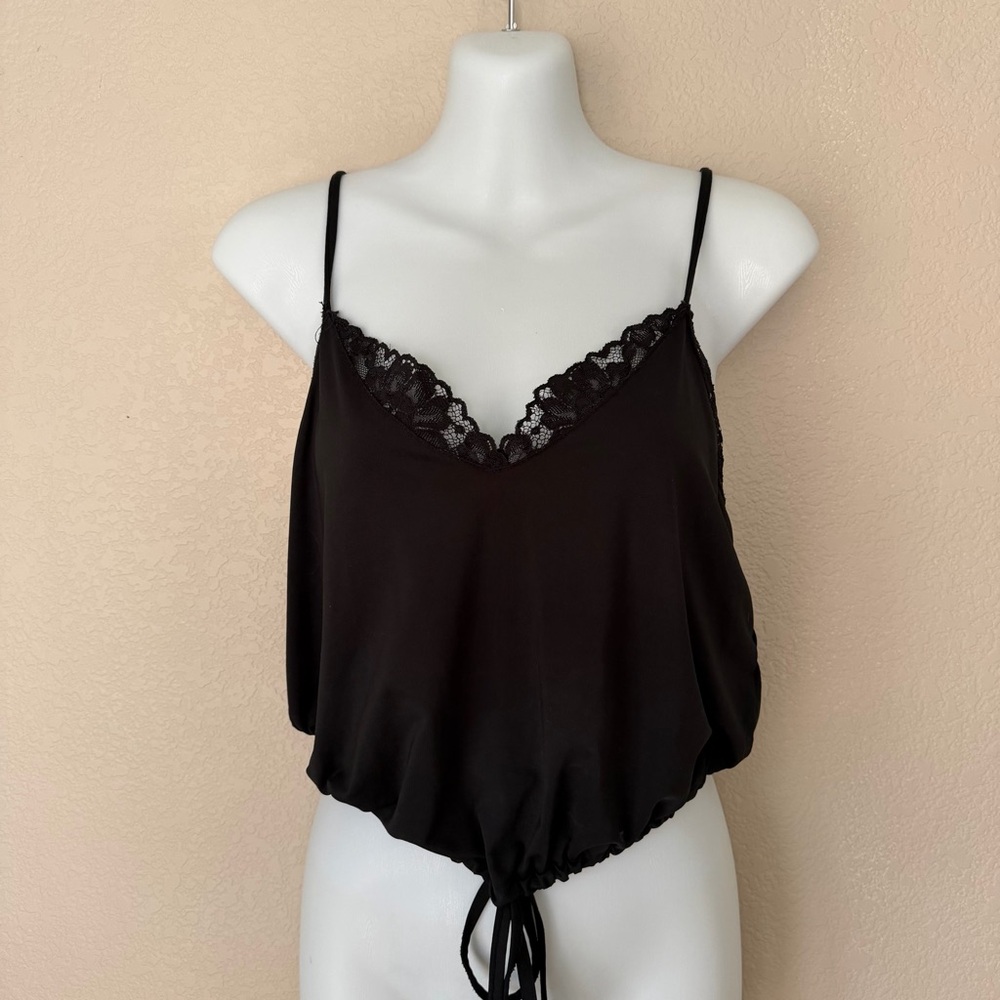 ZARA Black Lace Trim Satin Crop Camisole Tank Top - Size M - Adjustable Tie Hem